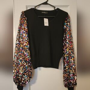 Black Sequin Sleeve Top